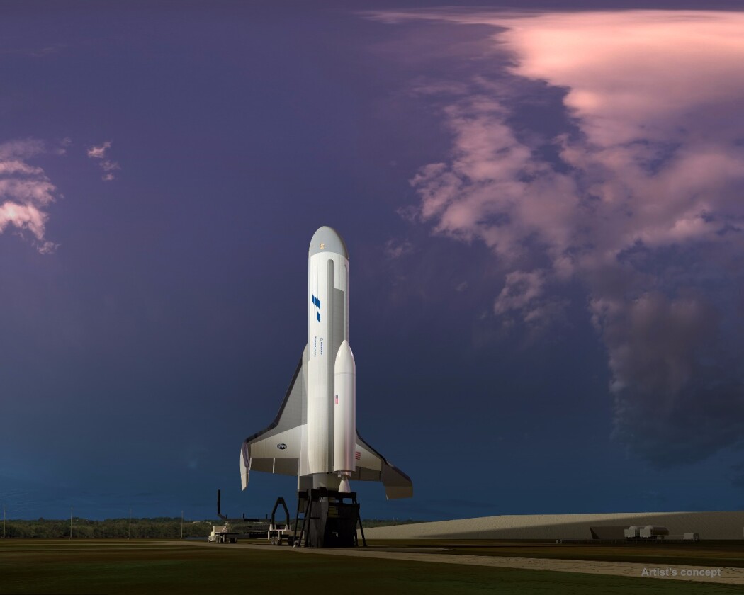 Phantom Express is envisioned as a highly autonomous experimental spaceplane, shown preparing for launch in this artist’s concept