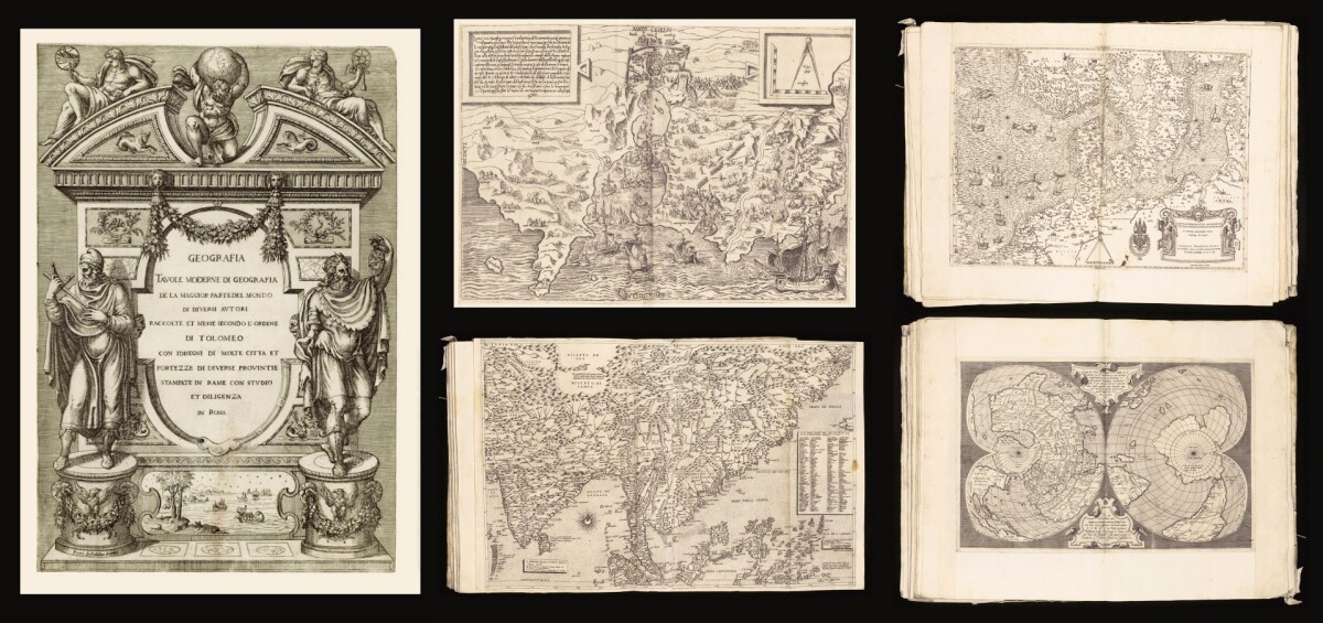 The best known name in the map business 500 years ago was Antonio Lefreri (1512-1577), a Frenchman from Burgundy who settled in Rome in 1540. Accurate maps were rare prior to 1500, but in this period Italian publishers began the practice of copying the individual maps of others and assembling them into collections specifically for the needs of individual customers, then binding of the whole together in book form. These subsequently books became known as Italian-Assembled-To-Order (IATO) atlases and each was a "one-off." Venetian and Roman dealers borrowed from each other, sometimes using a map without alteration, at other times procuring the copperplate and erasing the original imprint and substituting their own, resulting in a mixture of Venetian and Roman imprints. Lefreri was an engraver, printseller, publisher and map trader and with those compatible skill-sets, became the first person to publish atlases in a uniform format. Lafreri was primarily a dealer and publisher, rather than an artisan in his own right. He carried in stock the prints made not only by his own establishment, but by others, and his own name appears comparatively seldom in the atlases attributed to him. The title page of this document, with the added signature of Pietro de Nobili as publisher, is of special importance since few of the Lafreri-school atlases were issued with title-pages, and no other copy carries this second and final state of the title, with Nobili's name. This confirms the descent of the Lafreri business through Duchetti (D.1585) to Pietro di Nobili. The figure of the Titan Atlas supporting the world is first used on this title-page, and was later widely imitated, eventually leading to the name of the genre. That's quite some provenance, and hence the value.