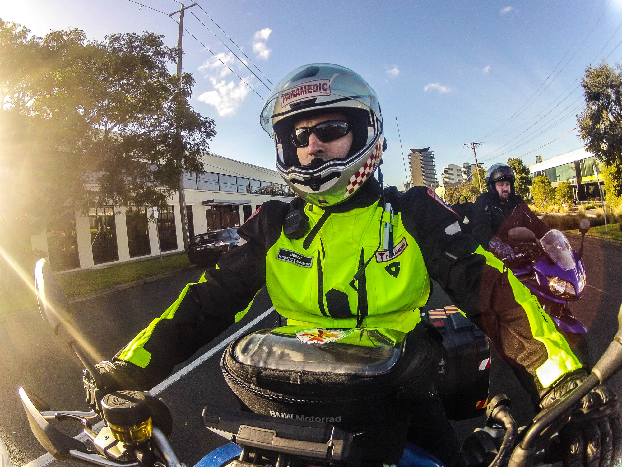 "The high-vis jacket - we currently use Revit stuff. We wanted high vis material predominantly on the core, but also down the arms, and Revit had a great option for that. We need to have everything going for us in terms of safety. When we hop off the bike at an accident area, we're standing in the middle of traffic. We need other motorists to see us, both on and off the motorcycle."