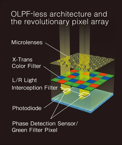 The highly random nature of Fujifilm's unique color filter array is said to have eliminated the need for an optical low pass filter, promising clear images with minimal grain even at high ISO settings
