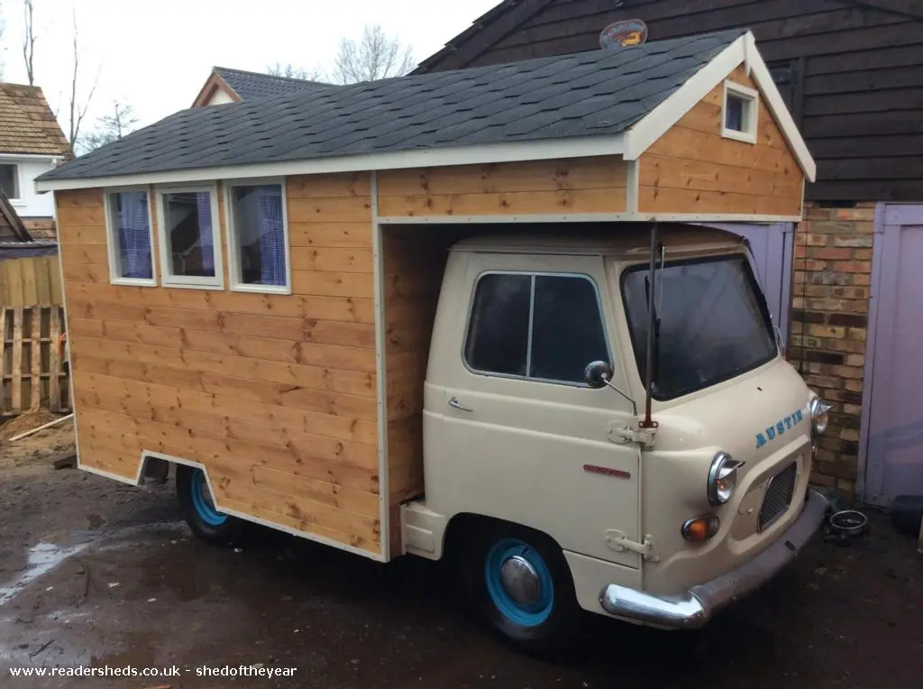 The Austin Camper Shed Camper is a fully-fledged camper melding shed and a classic Austin J4 pickup truck
