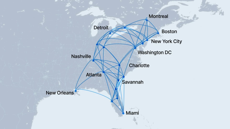 Potential flight routes for a 500-mile+ hydrogen eVTOL in the heavily populated eastern US