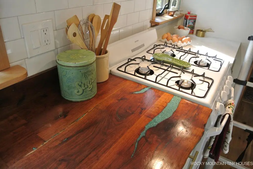 Closeup of the San Juan Tiny House's decorative wooden countertop