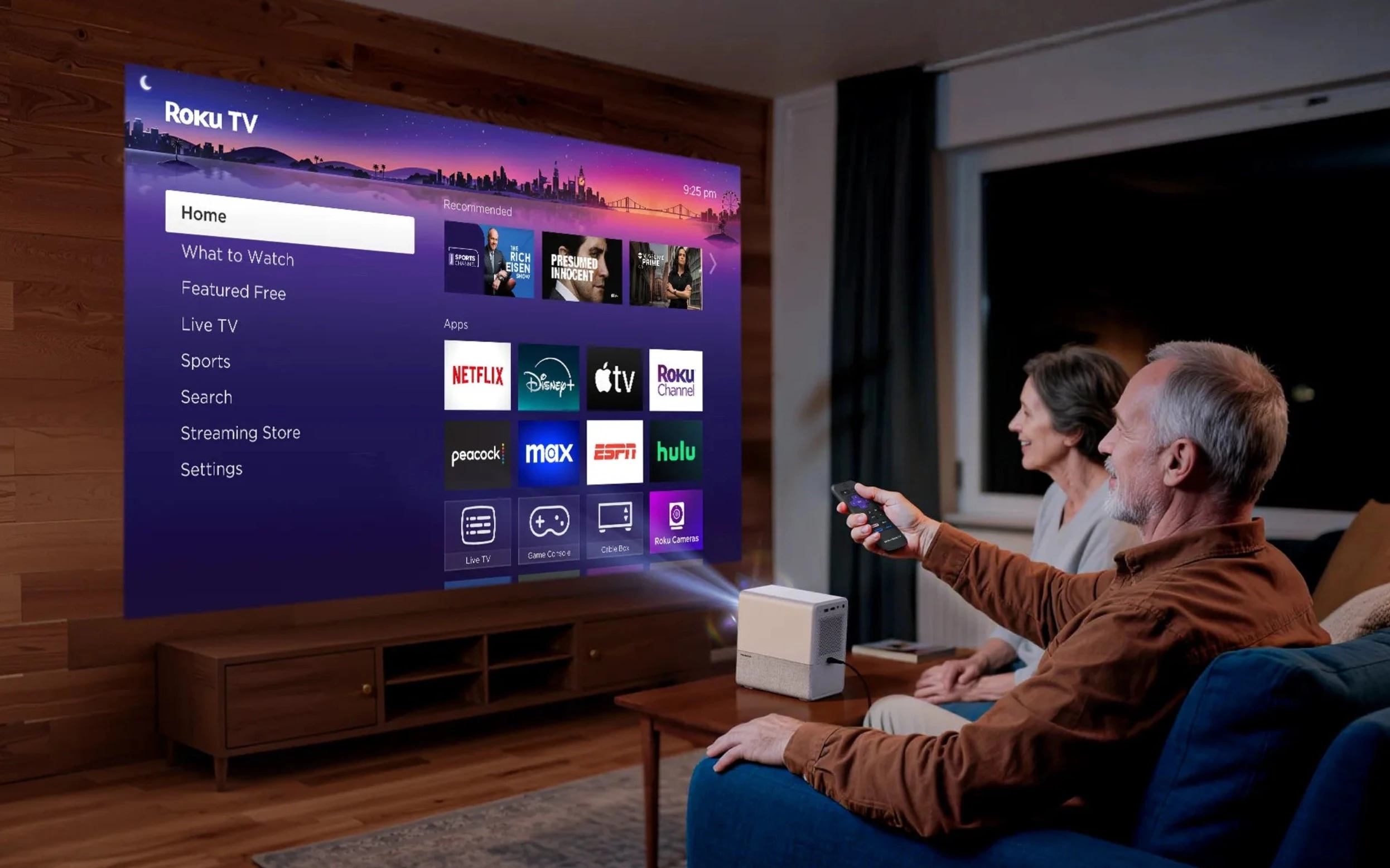 "The Aurzen Roku TV Smart Projector D1R Cube is designed for both indoor and outdoor use, on any wall or screen - perfect for movie nights, game-day gatherings, or weekend movie marathons"