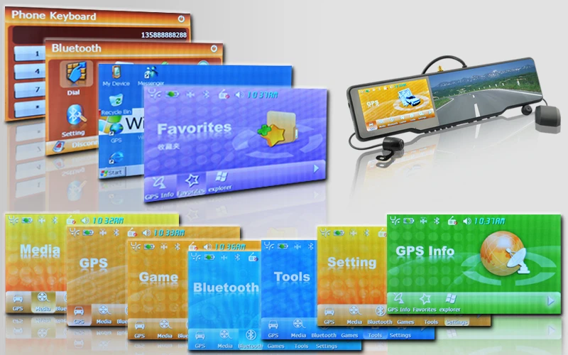 The many screens of the Complete Car Bluetooth Rearview Mirror Kit