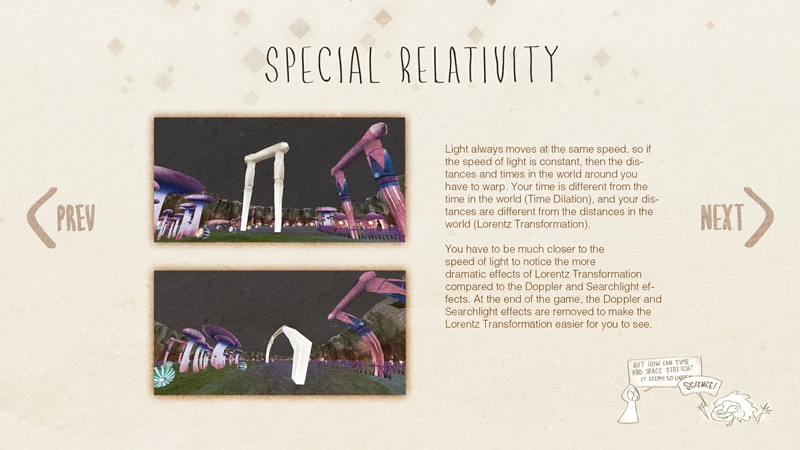 An explanation of the relativistic effects depicted in the game is offered up at the close