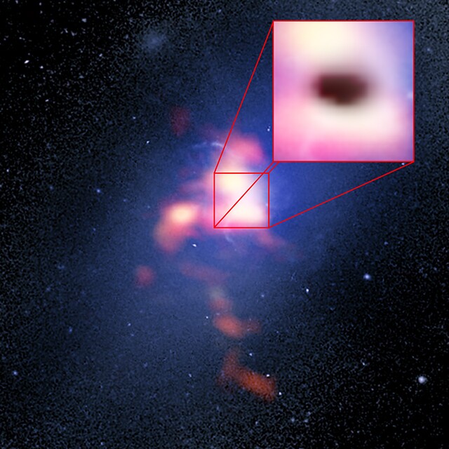 This composite image of Abell 2597 Brightest Cluster Galaxy has a blue background from the Hubble Space Telescope and red foreground from ALMA, while the box shows a shadow made by one of the cold clouds