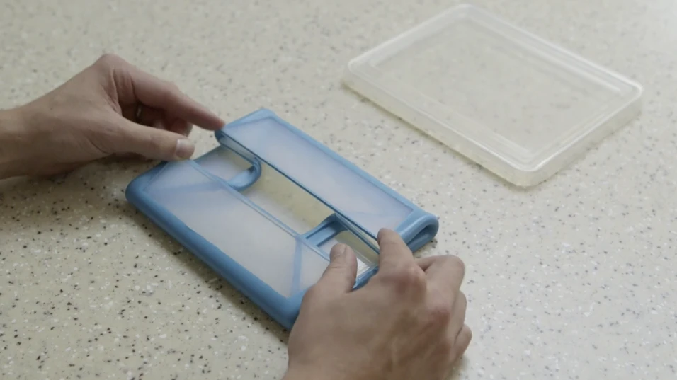 Each end of the FoldFlat container is fitted with strategically placed folds that allow it to be squashed down to a slim package when not in use