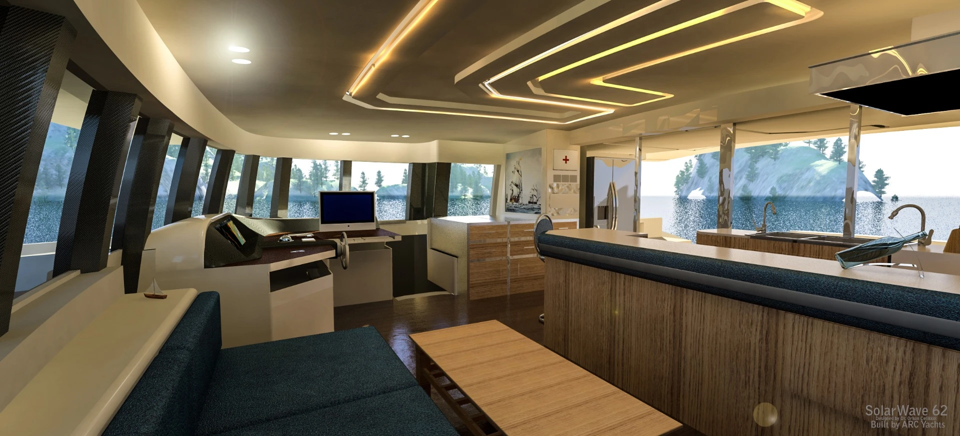 The yacht's battery bank provides enough energy to power all household appliances on board