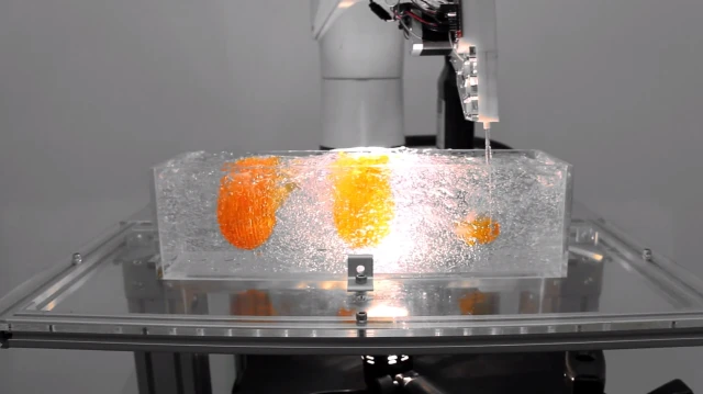 The liquid resin is suspended in the gel until it is cured by UV light
