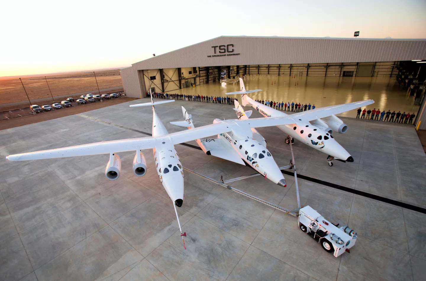 White Knight Two and SpaceShipTwo being towed to the runway (Photo: Virgin Galactic)