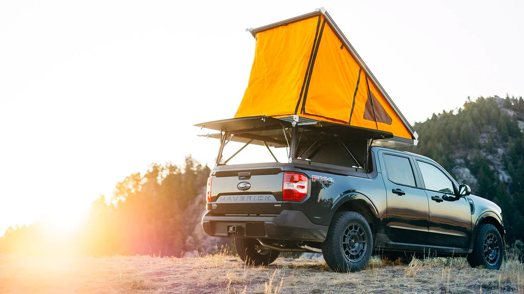 The GFC Platform Camper for the Ford Maverick has a super simple design with pop-top roof, modular bed and flip-up hatches