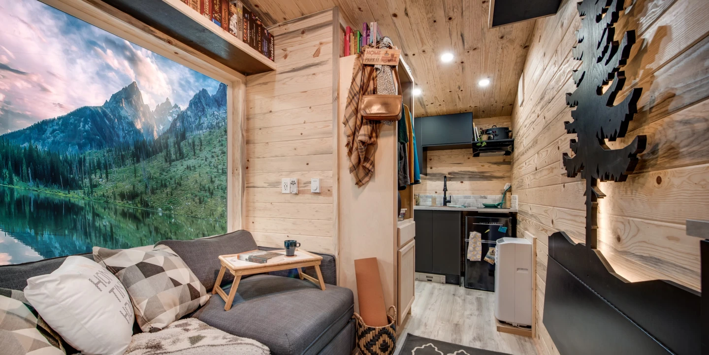 The Traveler's living area features a sofa bed that sleeps up to two people