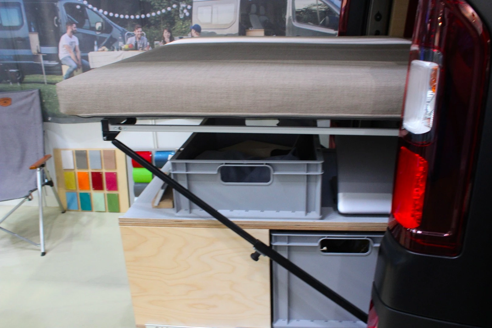 A closer look at the Bivouac Bed jutting out from the back of the van