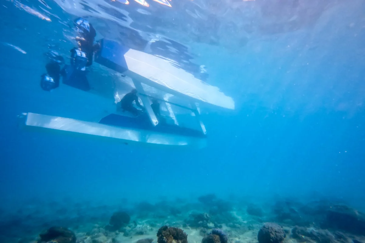 The Platypus Blue Ocean in semi-submersible mode, where pilot and passengers are lowered under the waves on the craft's central pod