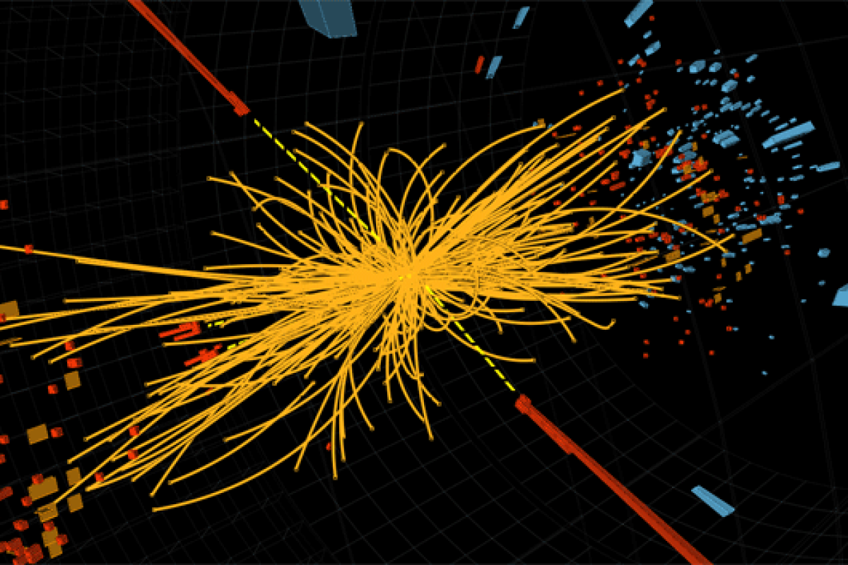 A model of a proton-proton collision in the Large Hadron Collider, which produces a Higgs boson