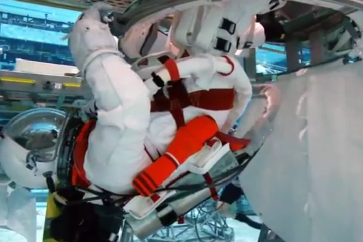 The new suit undergoing neutral buoyancy testing (Image: NASA)