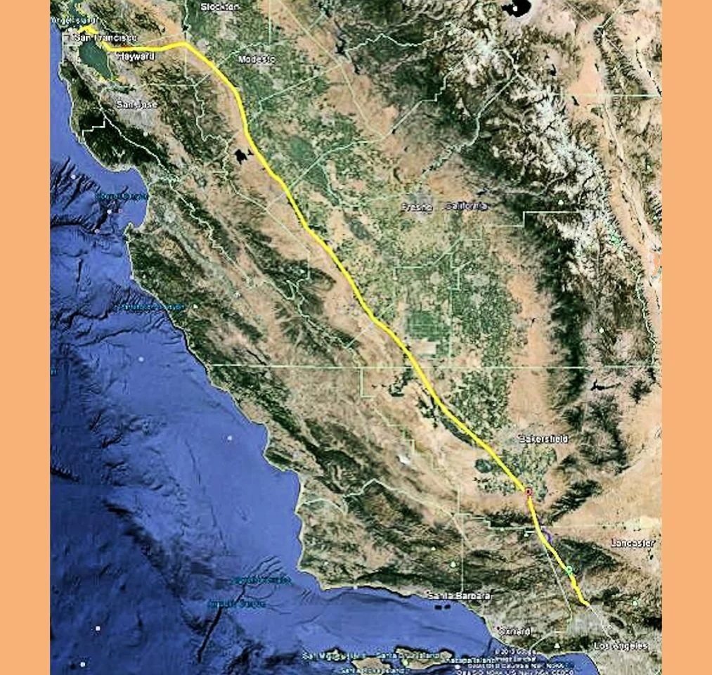 A photo from the Hyperloop Proposal showing the entire length of the route, save for small parts at the beginning and end