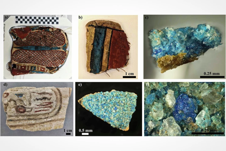 Cartonnage (CMNH 4209-12); a large piece of cartonnage; b higher resolution image of fragment; c even smaller fragment of the EB section used for Raman and nano-computed tomography; cartouche (CMNH 7043-7); d overview of cartouche; e fragment of EB from cartouche; f higher resolution image of (e) showing individual grains with different colors.