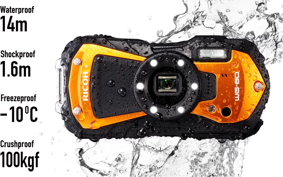 In addition to being waterproof to 46 ft, the WG-80 is shockproof to 5 ft, can operate in temperatures as low as 14 °F and is crushproof too