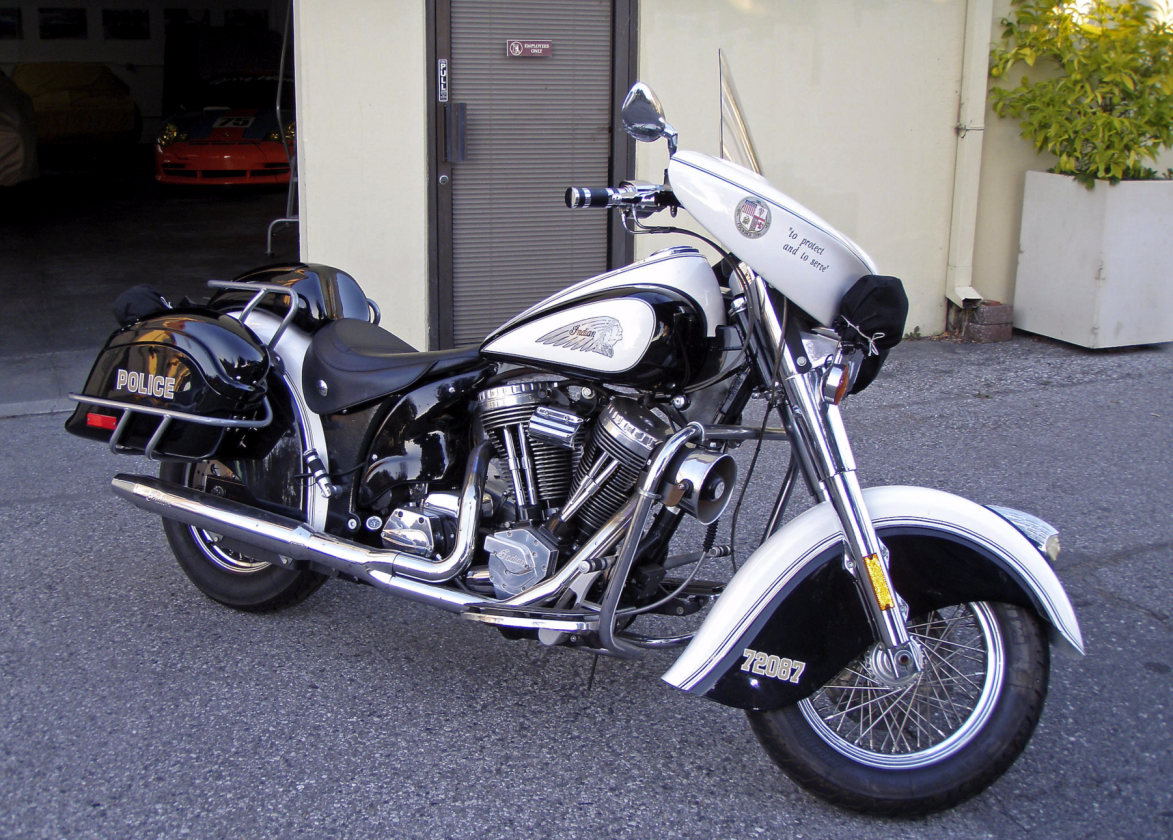 The 2003 blockbuster movie T-3: The Rise of the Machines was the third movie in the Terminator science fiction film franchise that propelled Arnold Schwarzenegger into American folklore and onwards to become the 38th Governor of California. Arnie rode motorcycles in the first three Terminator movies, and although the 100 cubic inch Indian Police bike from T3 didn't feature quite as heavily as the Honda 750 in T1 or the Harley Fat Boy he rode in the storm drain scene in T2, two of the seven bikes used T3 were sold in 2008 and 2009 respectively by Bonhams. The first sold in Los Angeles in October 2008 for $10,530 while the second bike, which became Schwarzenegger's personal machine after the movie, sold in November, 2009 for $9,360.