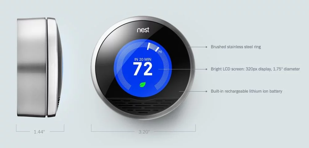 The Nest Learning Thermostat features a brushed stainless still ring and is powered by a rechargeable lithium-ion battery