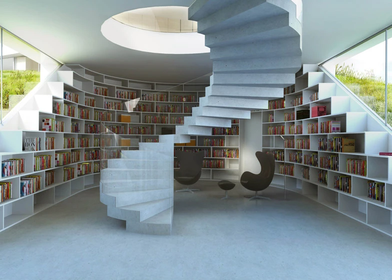 The lower level of Villa Gug houses a spacious library