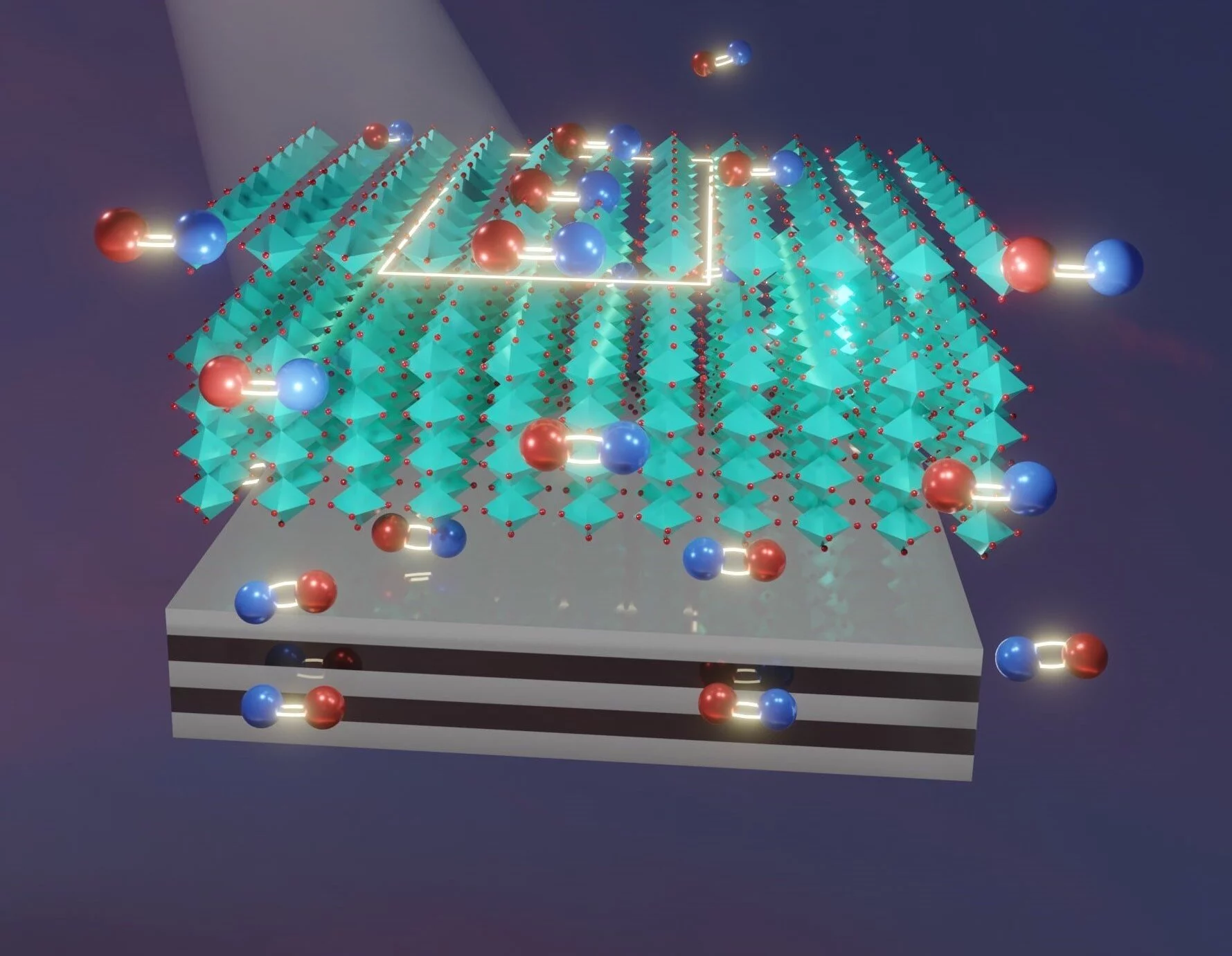 An artist's impression of a perovskite (cyan) solar cell with a new layer of material underneath (gray), which boosts efficiency by creating reflections of electron-hole pairs (red and blue)