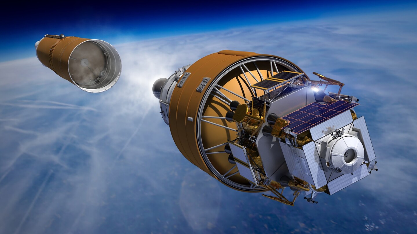 Boeing’s Human Lander System heads into orbit on the strength of a Space Launch System rocket in this artist concept