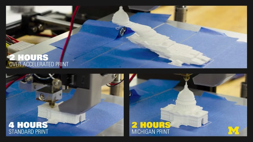 The same item printed at accelerated speed without the algorithms (top), at regular speed without them (bottom left), and at accelerated speed WITH them (bottom right)