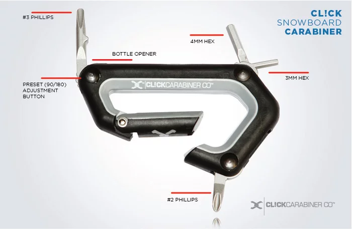 The snowboard version of the CL!CK Carabiner