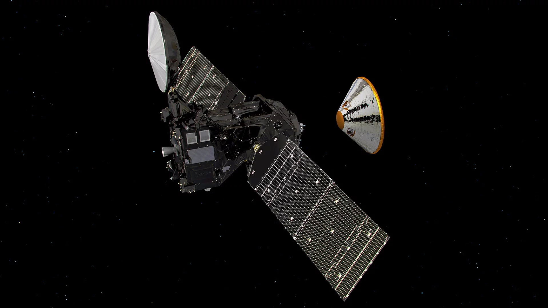 Artist's impression of the separation of the ExoMars entry, descent and landing demonstrator module, Schiaparelli, from the Trace Gas Orbiter