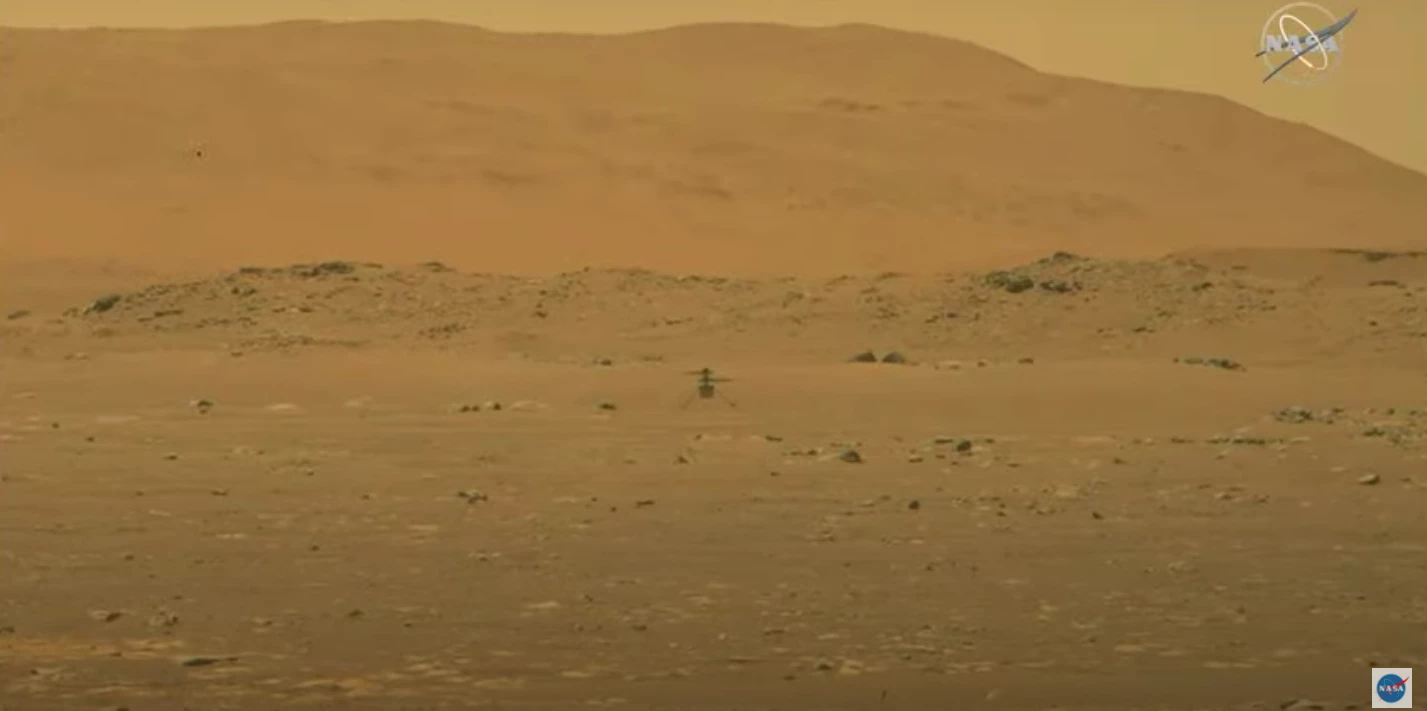 Image from the Perseverance rover showing Ingenuity in flight