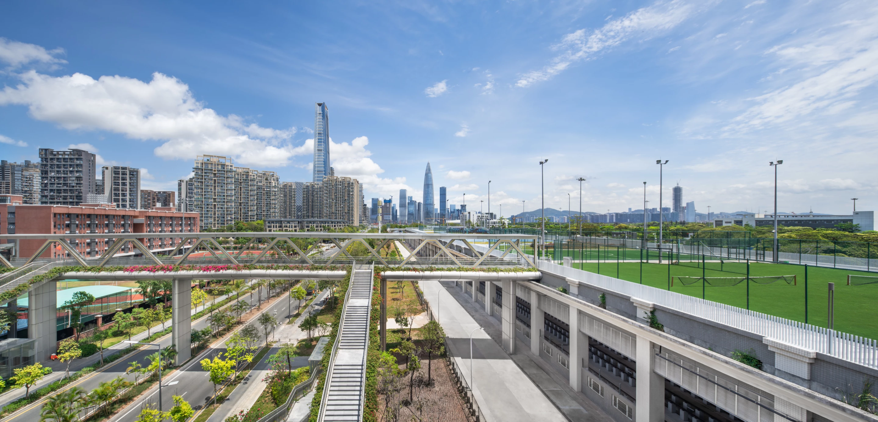 The Shenzhen Skypark is accessed by staircases, bridges, and elevators