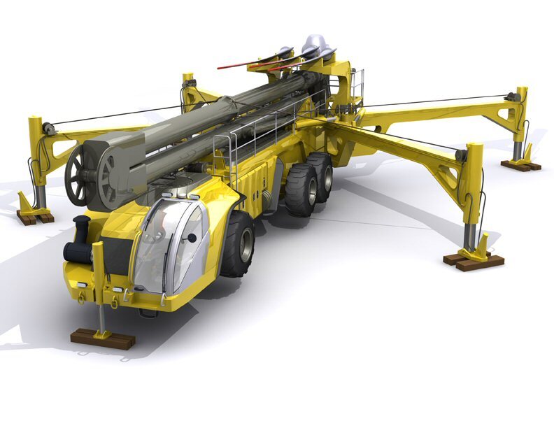 The mobile wind turbine has four stabilizer supports that each drive hydraulic spikes into the ground at a 26 degree tilt towards the structure and to a depth of 18-inches