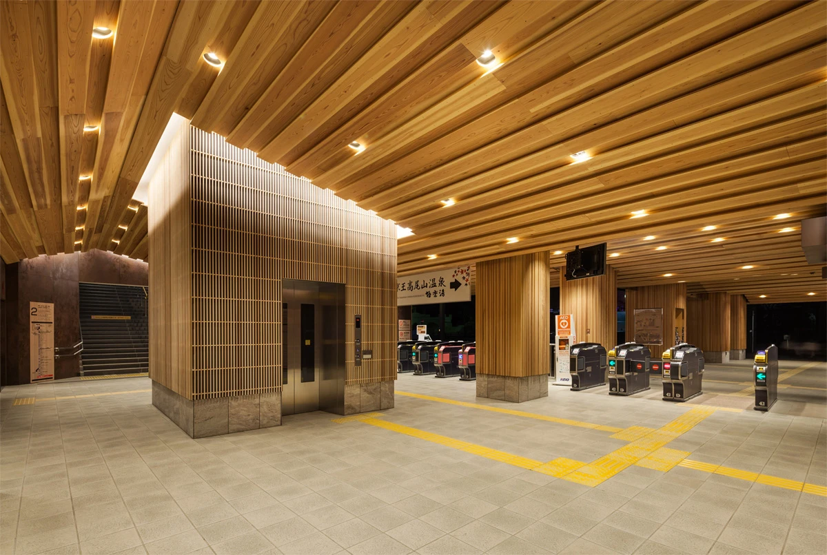 Inside the renovated Keio Takaosanguchi Station in west Tokyo, by Kengo Kuma & Associates