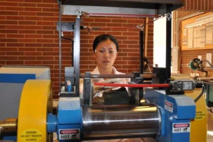 OSU doctoral student Wen Bai develops the rubber composites that incorporate microcrystalline cellulose