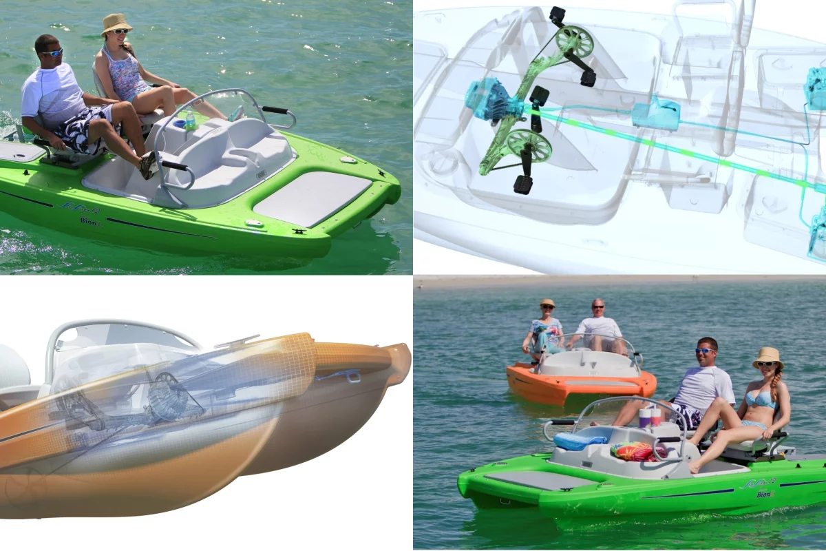 The SeaScape 12 is a four-seat, power-sensing, proportional pedal-assist watercraft with low-maintenance, no noise and no pollution. It will run at 5 knots for around 4-5 hours. It's a human-electric hybrid.