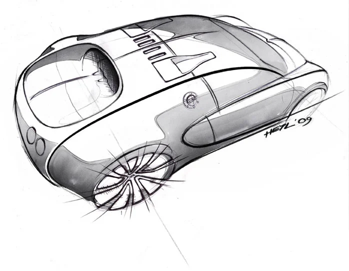 One of the concept sketches used in the design process for visualising the unique aerodynamic profile of the Bugatti Veyron Super Sport