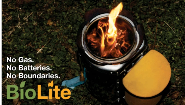 The BioLite stove is a collapsible wood-burning cook stove that uses almost any forest-found fuel powered by its own heat energy, with ultra-low emissions