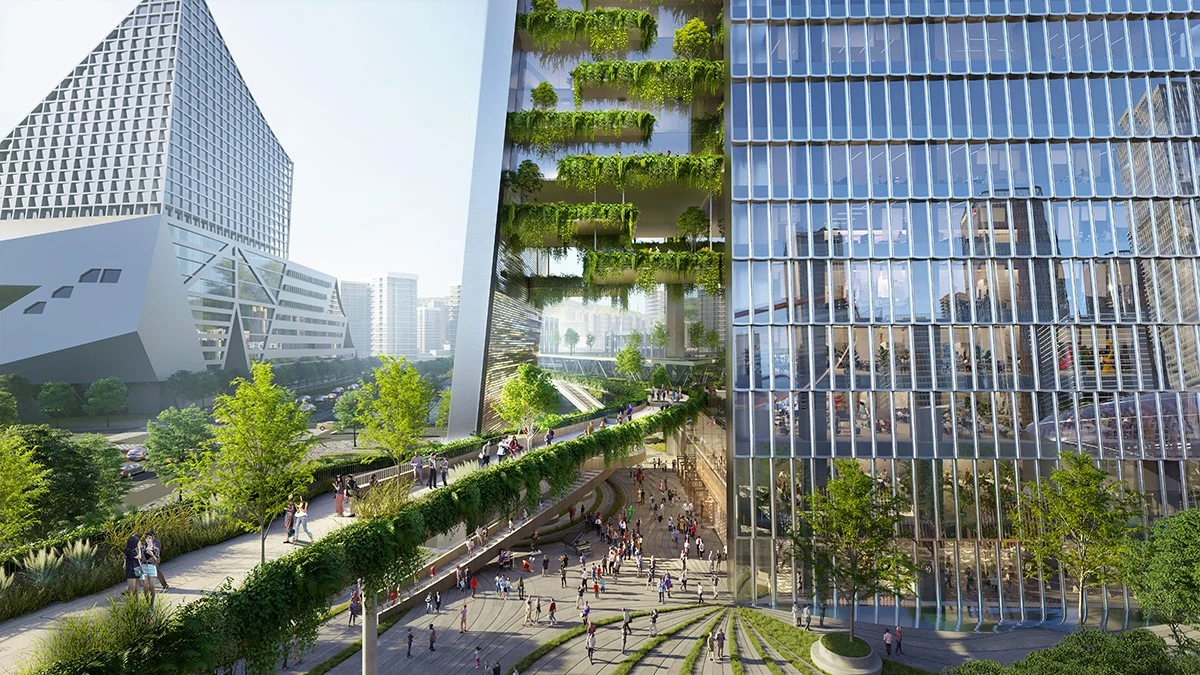The Qianhai Prisma Towers will feature a pedestrian bridge, which is intended to double as a canopy and provide shade and protection from the rain for those below