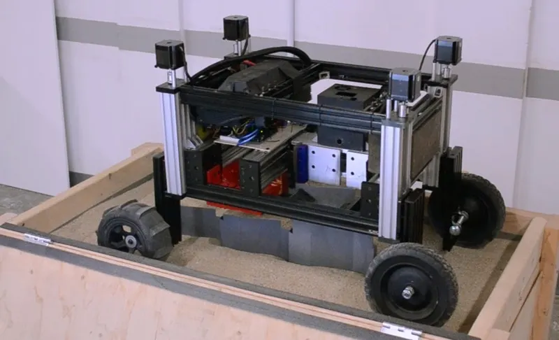 Romu can raise its chassis up and down within its frame