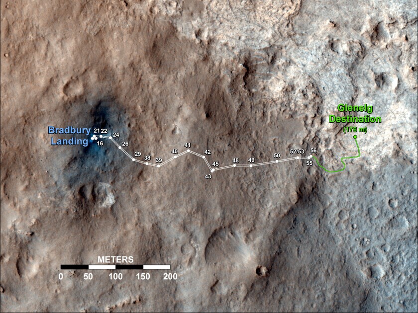 Image from NASA’s Mars Reconnaissance Orbiter showing the route travelled by Curiosity over 56 Martian days since landing (Image: NASA/JPL-Caltech/Univ. of Arizona)