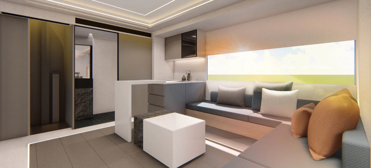 On the wall behind the SAIC Maxus V90 Life Home Villa Edition kitchen, you can see the solo elevator to the left of the bathroom