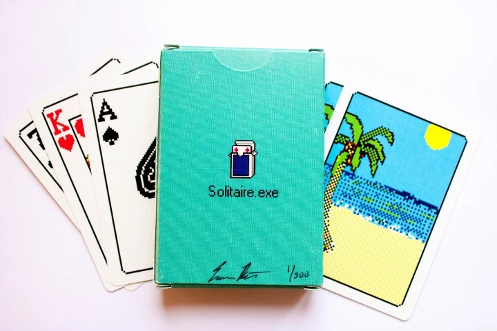 Solitaire.exe is a limited edition deck of playing cards designed by Evan Roth to mimic the look of the old Windows 98 version of the iconic game