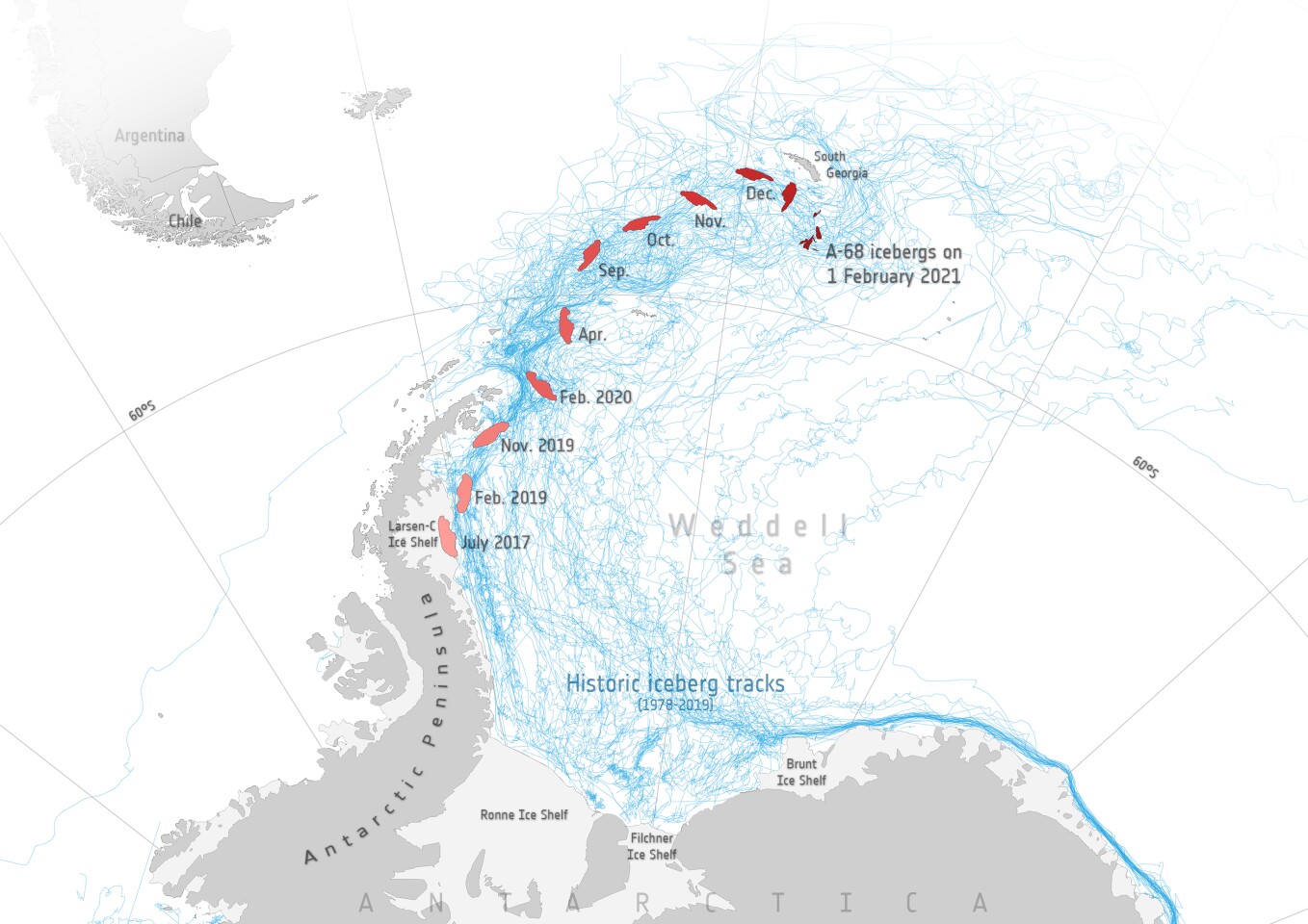 Map recording the drift of A-68a