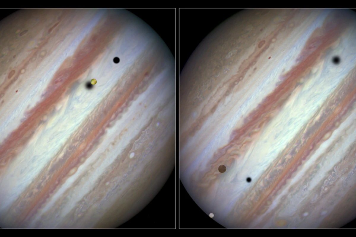 Image on the left is an early shot of the event, while the right is relatively near the end of the transit (Image: NASA, ESA, Hubble Heritage Team)