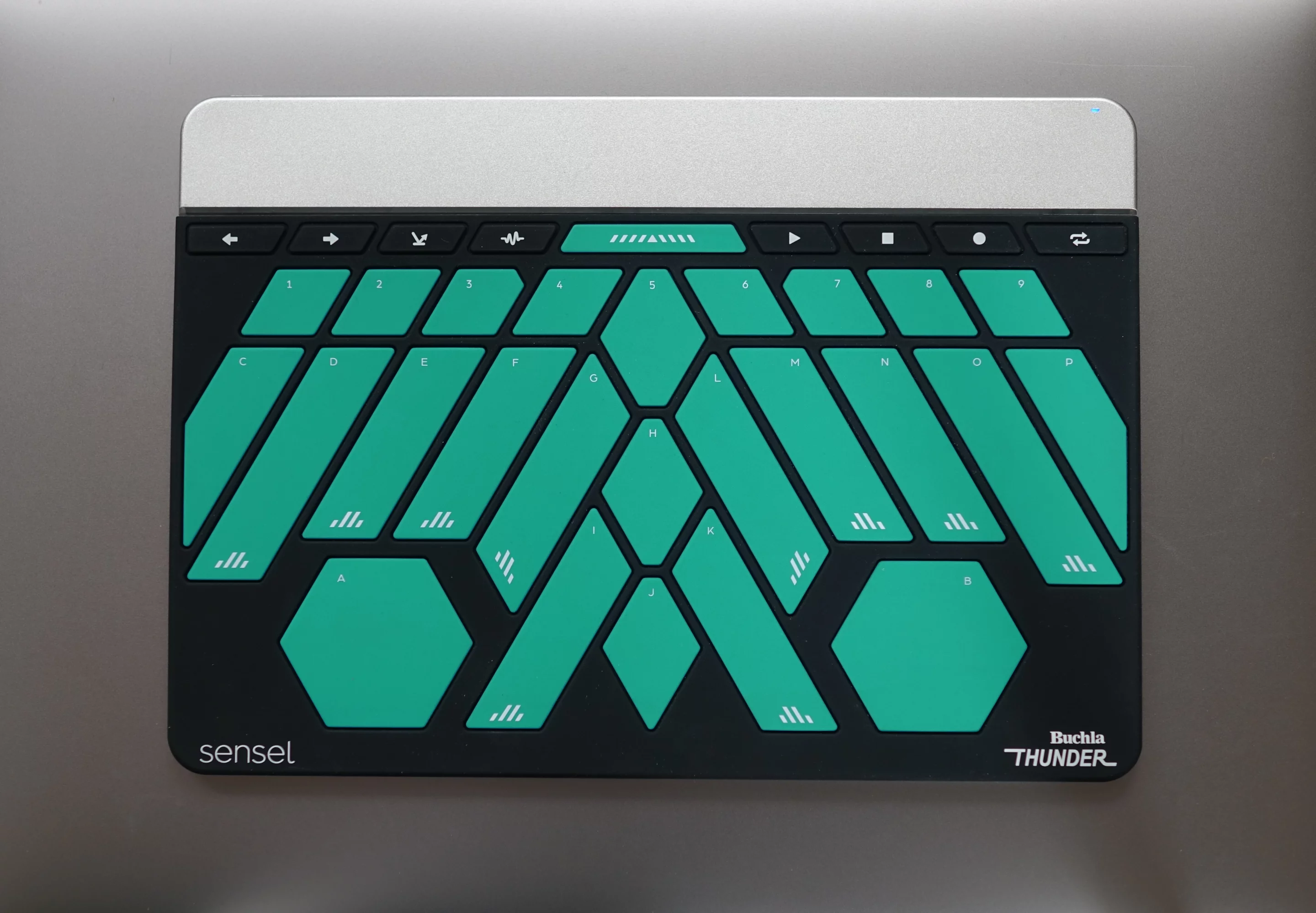 Each of the Buchla Thunder's expressive keys laid out in an eye-catching totem design transmits a different note