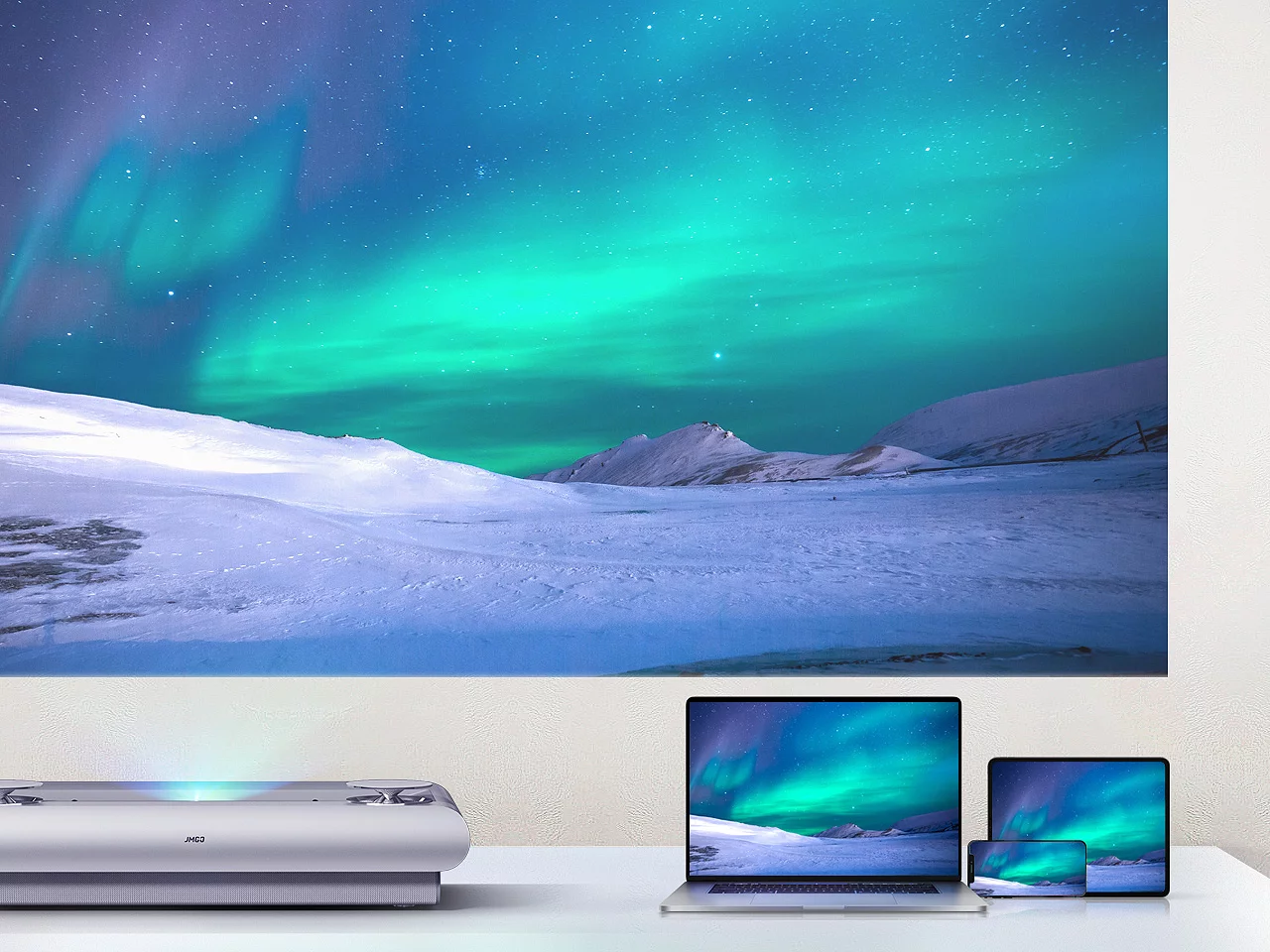 Content from mobile devices can be wirelessly cast to the JMGO U2 for viewing on the wall or screen