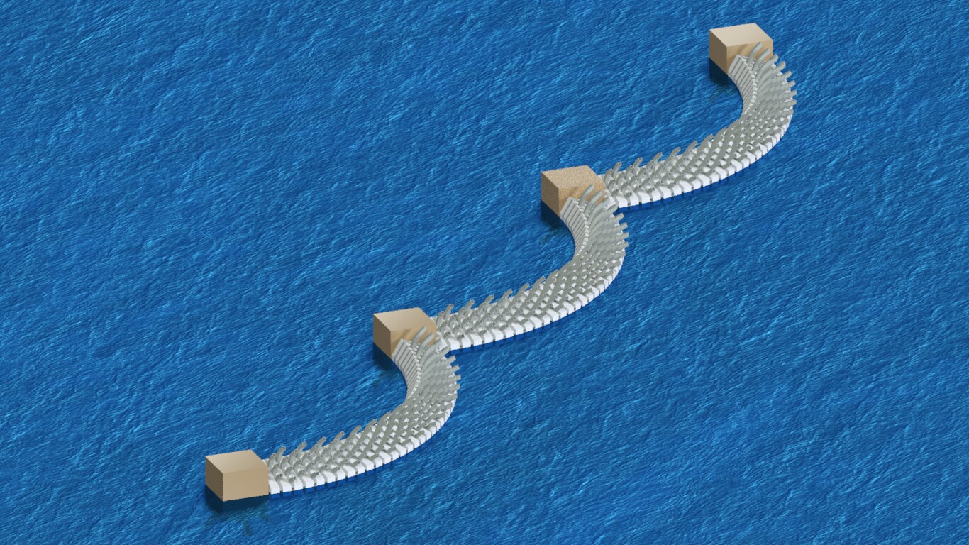 Anchored offshore of at-risk areas, the curved floating structure would measure approximately one kilometer in length